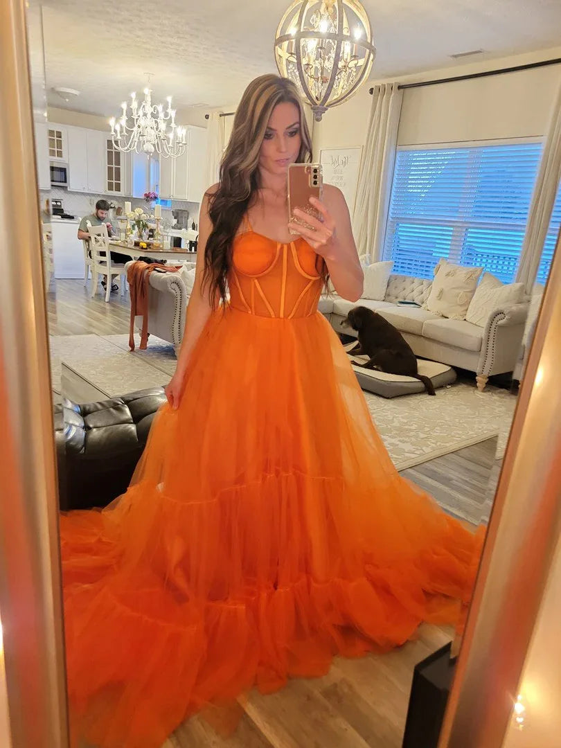 Abito da sera arancione in tulle con spalline sottili, vestito da ballo seducente Y1243