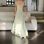 Hermoso vestido de fiesta verde de gasa con volantes en capas y tirantes, vestido de noche Y7897