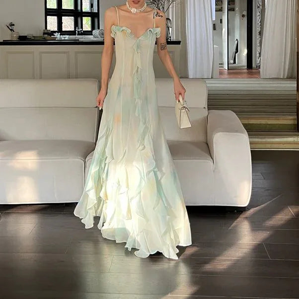Hermoso vestido de fiesta verde de gasa con volantes en capas y tirantes, vestido de noche Y7897