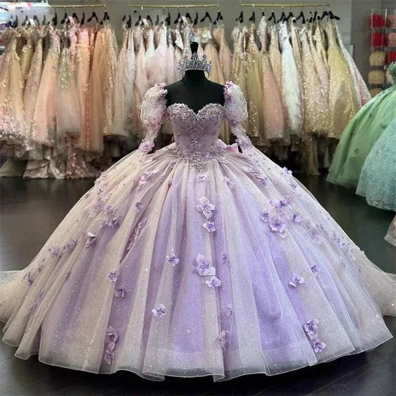 Robe boule lilas à fleurs en relief Robes de quinceañera Manches longues bouffantes Y6580
