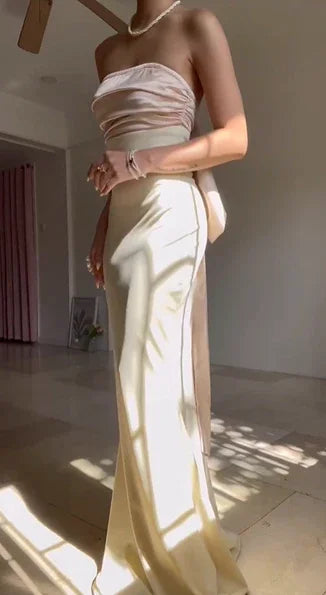 Robe de bal longue sirène élégante sans bretelles avec nœud Y8499