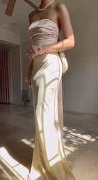 Robe de bal longue sirène élégante sans bretelles avec nœud Y8499