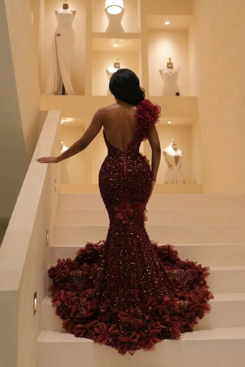 Bordeaux Bloom 2026 One Shoulder Sequin Mermaid Gown With 3D Floral Appliqués