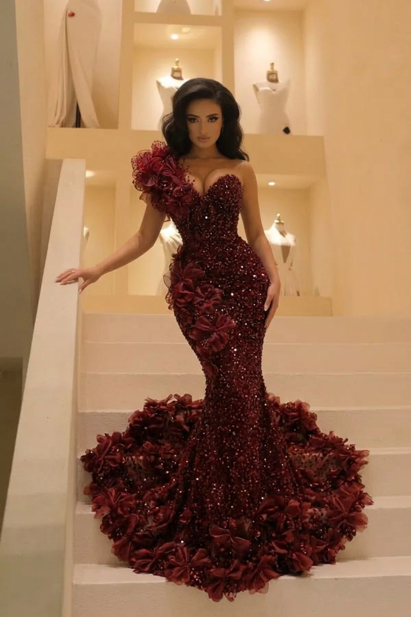 Bordeaux Bloom 2026 One Shoulder Sequin Mermaid Gown With 3D Floral Appliqués