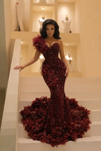 Bordeaux Bloom 2026 One Shoulder Sequin Mermaid Gown With 3D Floral Appliqués