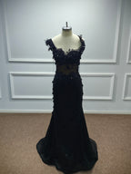 Luxury Sequin Mermaid Prom Dress Illusion Corset Bodice 3D Beaded Lace Shoulder