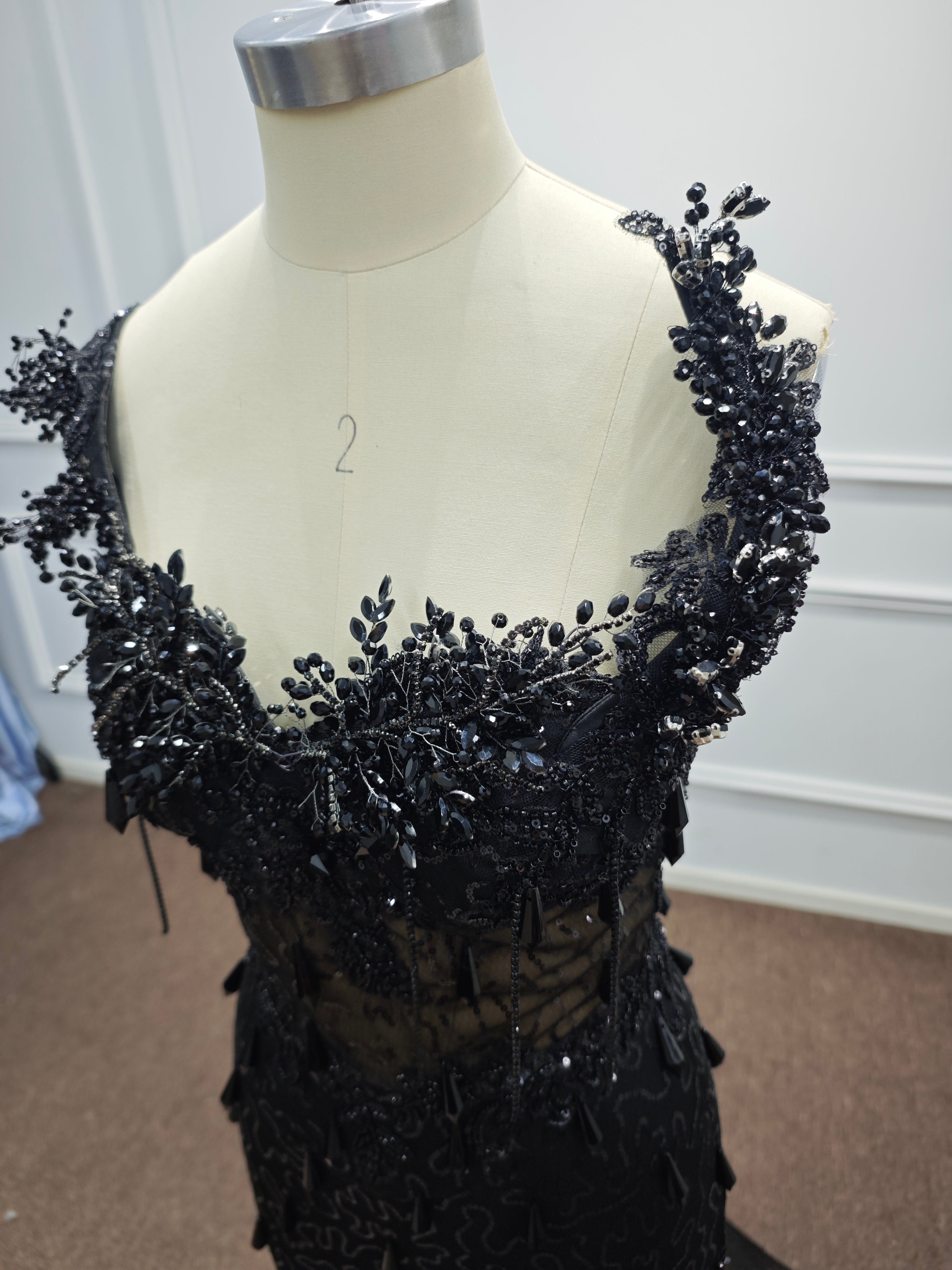Luxury Sequin Mermaid Prom Dress Illusion Corset Bodice 3D Beaded Lace Shoulder