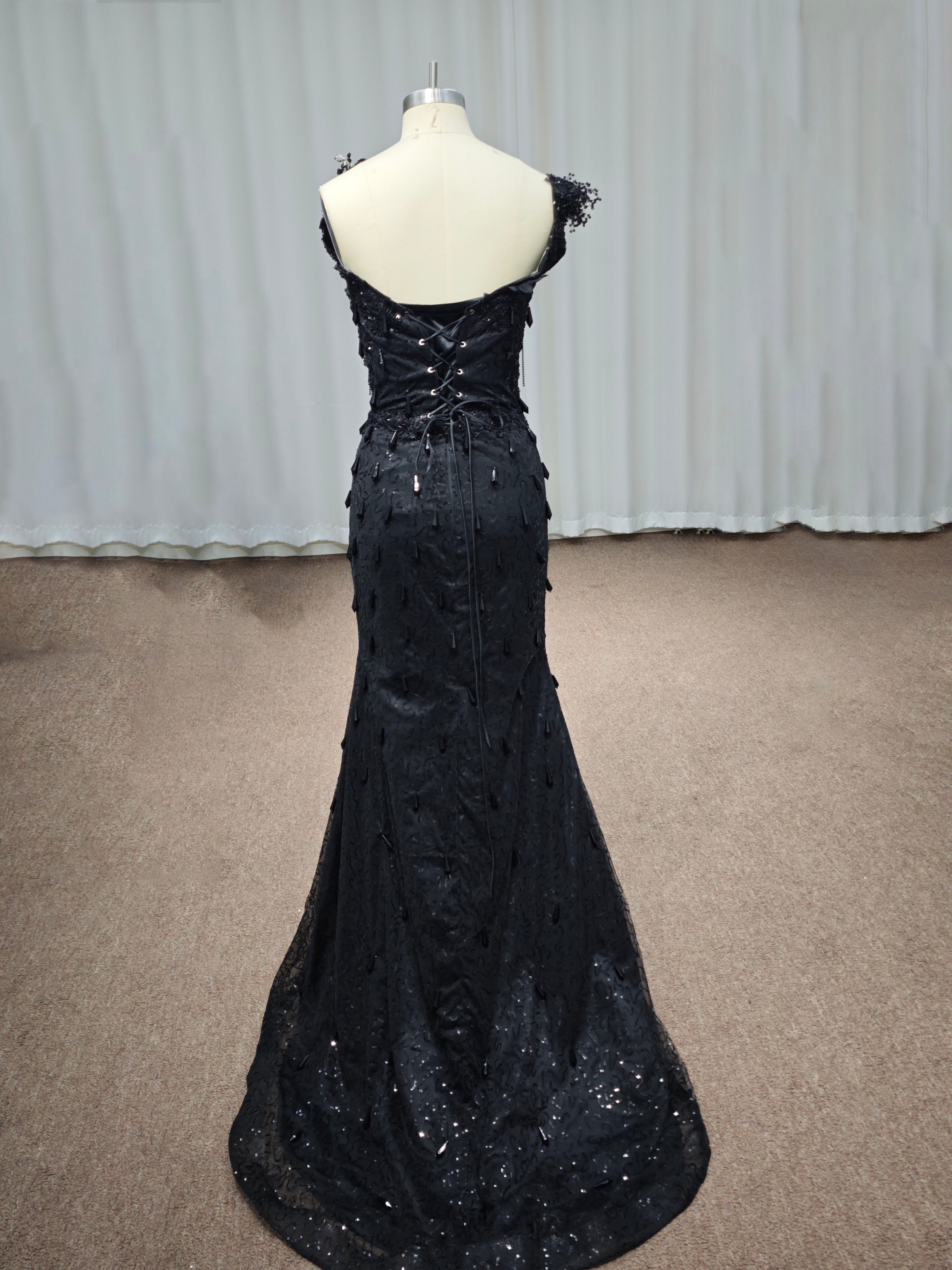 Luxury Sequin Mermaid Prom Dress Illusion Corset Bodice 3D Beaded Lace Shoulder
