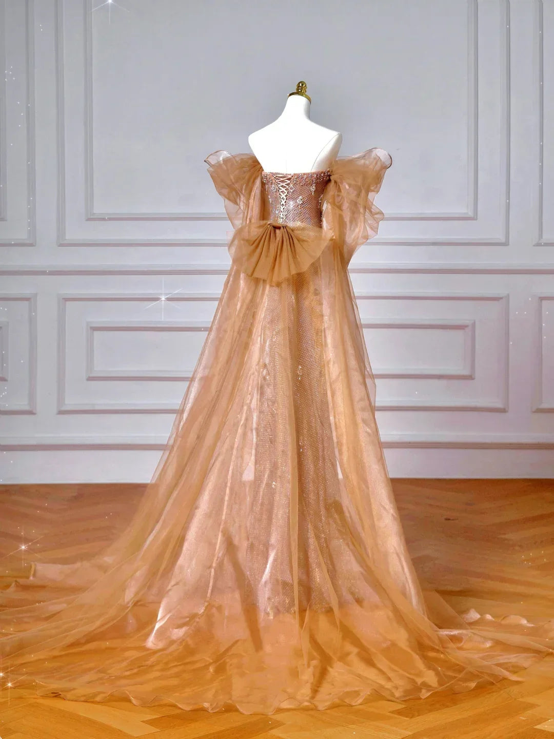 Abito da sera lungo a sirena di lusso con tulle perline e scollo a barca Y8610