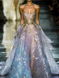 Abito da sera lungo formale senza spalline in tulle blu con paillettes per ballo Y8379