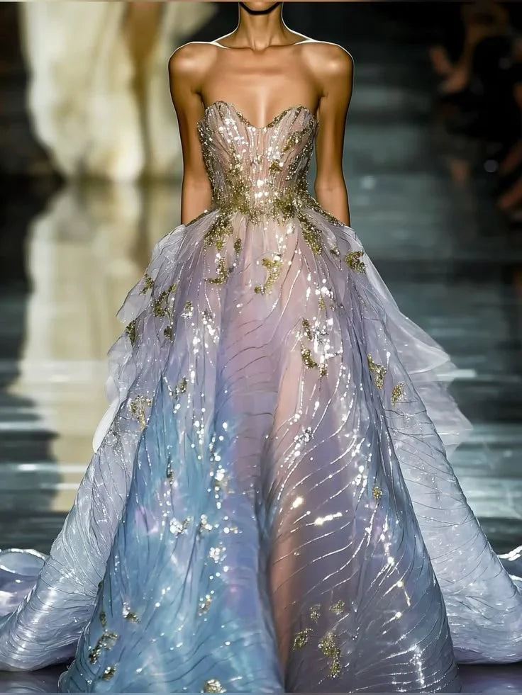 Abito da sera lungo formale senza spalline in tulle blu con paillettes per ballo Y8379
