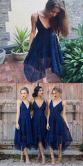Pink/Navy Blue Spaghetti Straps Lace V-neck A-line Bridesmaid Dresses, Homecoming Dress, MB183