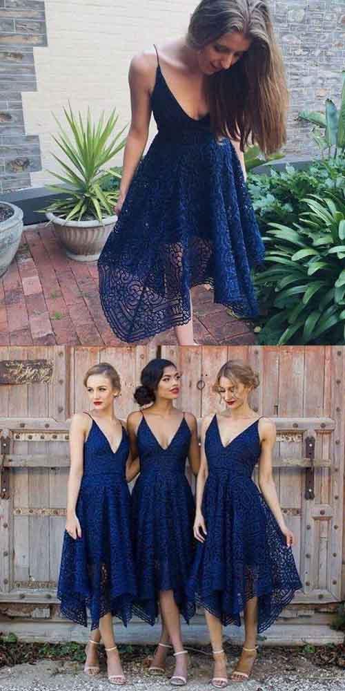 Pink/Navy Blue Spaghetti Straps Lace V-neck A-line Bridesmaid Dresses, Homecoming Dress, MB183