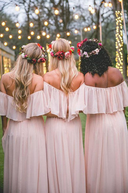 Pink Ruffles Chiffon Off-the-shoulder Floor-length  Bridesmaid Dresses