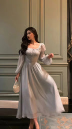 Vestido de Festa Elegante Cinzento em Chiffon com Renda e Mangas Compridas para Baile de Finalistas Y8021