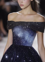 Vestido de Baile Azul Ombre em Cetim com Lantejoulas, Vestido de Festa com Decote Ombro a Ombro e Corte em A Y8337