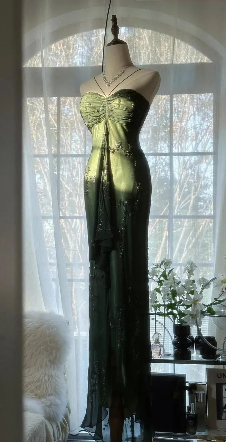 Abito da sera lungo aderente vintage verde scuro in raso con perline per ballo di fine anno Y8557