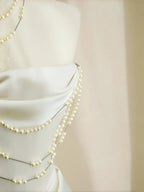 Elegante Abito da Sera Bianco Senza Spalline in Raso con Catena di Perle, Linea A, Abito da Ballo Y8684