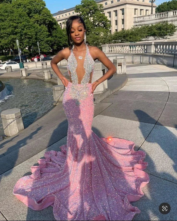 Abiti da ballo rosa scintillanti, abito da sera rosa sirena con paillettes seducenti per concorso di bellezza Y477