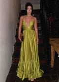 Robe de bal longue verte en satin froncée à col licou chic Robe de soirée formelle Y8098