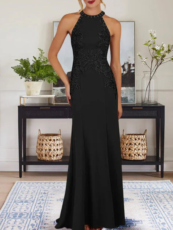 Vestido largo azul polvoriento tipo funda con cuello halter para madre de la novia con apliques