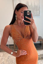 Mermaid Deep V-Neck Beaded Satin Long Prom Dress