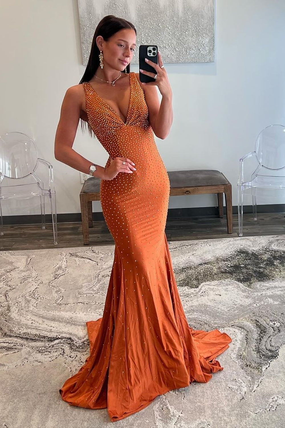 Mermaid Deep V-Neck Beaded Satin Long Prom Dress