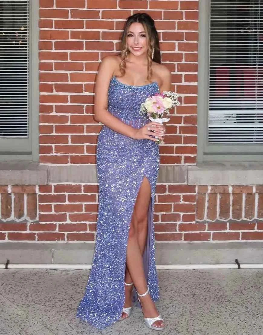 Sparkly Champagne Strapless Sequins Mermaid Bodycon Prom Dress With Beading