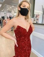 Abito lungo da sera bordeaux con paillettes, senza spalline, modello sirena Y1220