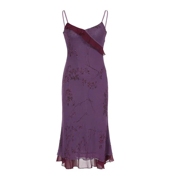 Vestido de Noite com Folhos e Estampa Vintage, Alças Roxas, Vestido de Baile Y7876