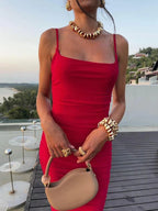 Abito da sera rosso sirena lungo con schiena scoperta, elegante per ballo Y7865