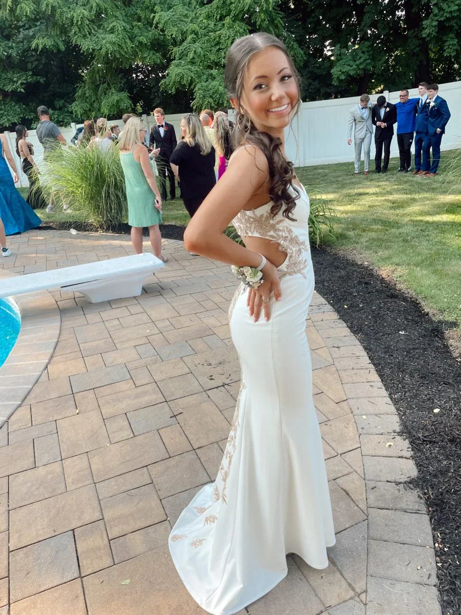 Vestido de Baile Branco Sereia, Vestido de Noite Sem Costas Y3012