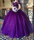 Abito da ballo viola con spalle scoperte e glitter, Abito viola per Quinceañera, Abito per dolce sedicesimo Y4941