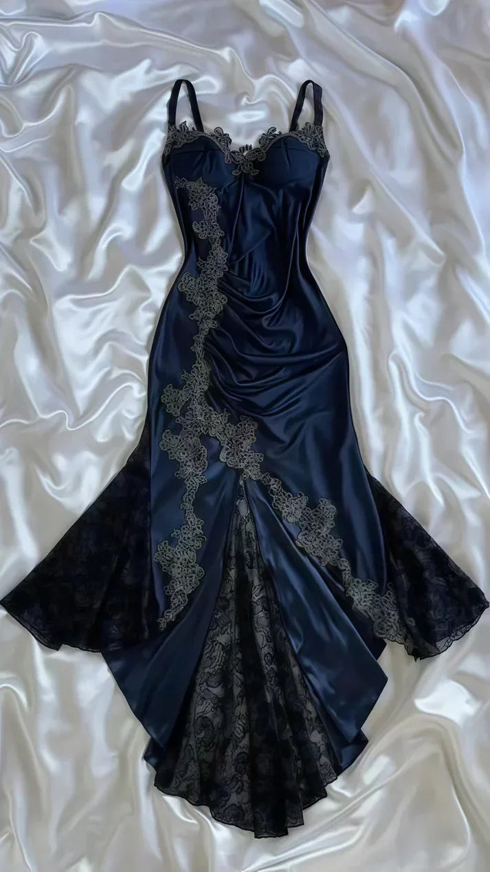 Vestido de Noite Sereia com Aplicações de Renda em Cetim Azul Marinho Vintage Vestido de Baile Y8497