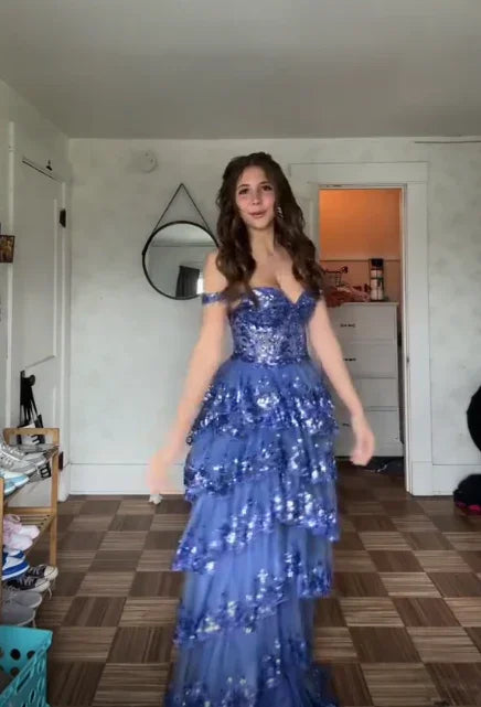 Abito da sera formale a strati con paillettes di tulle blu scintillante e spacco, abito da ballo Y7961