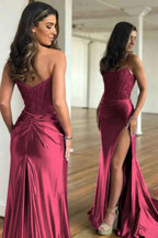 Fuchsia Strapless Corset Satin Mermaid Prom Dress