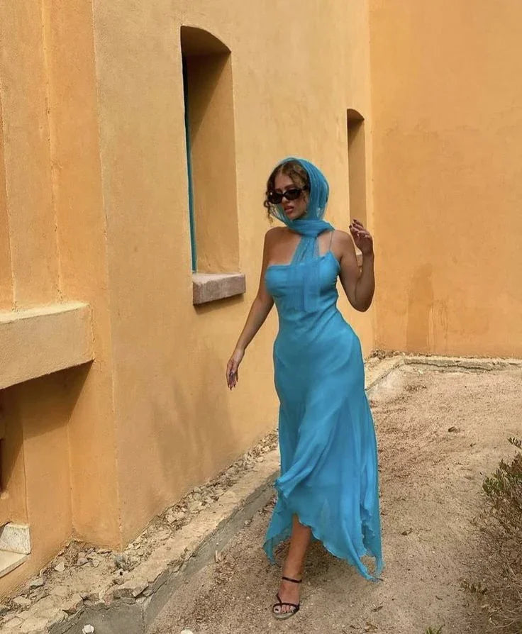 Elegante abito da sera blu in chiffon con spalline sottili Y7915