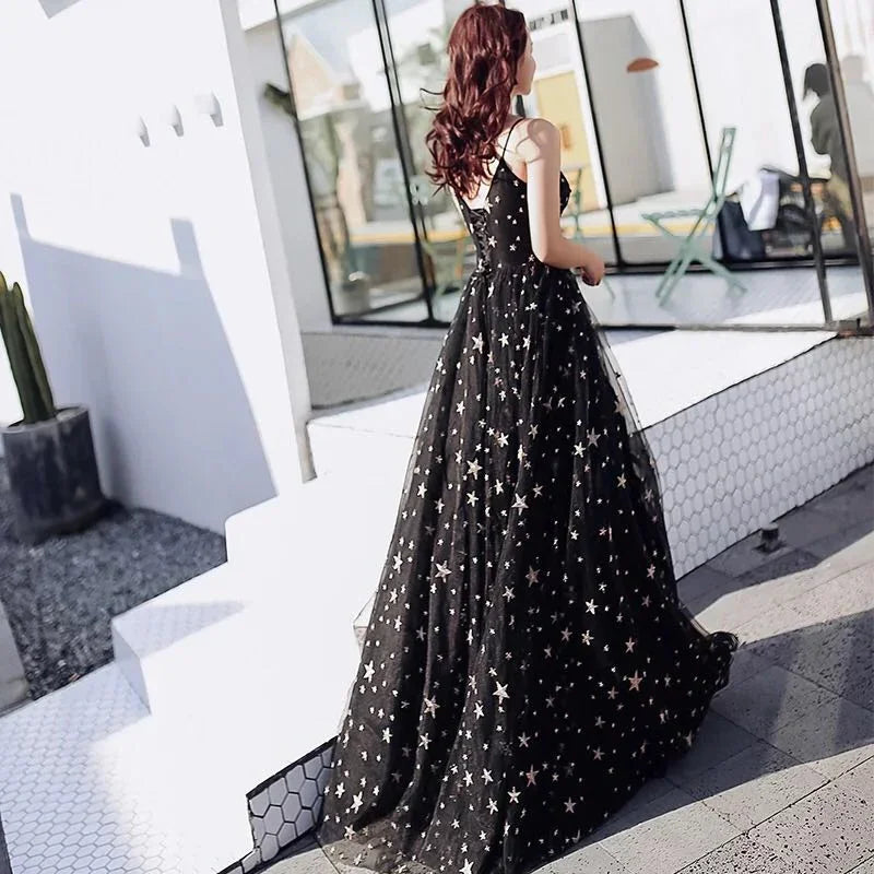 Abito lungo da festa in tulle nero con scollo a cuore, elegante abito da sera nero, abito da ballo Y1159