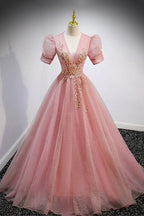 Abiti lunghi da sera rosa in tulle con scollo a V, linea a trapezio, maniche corte, modello Y892