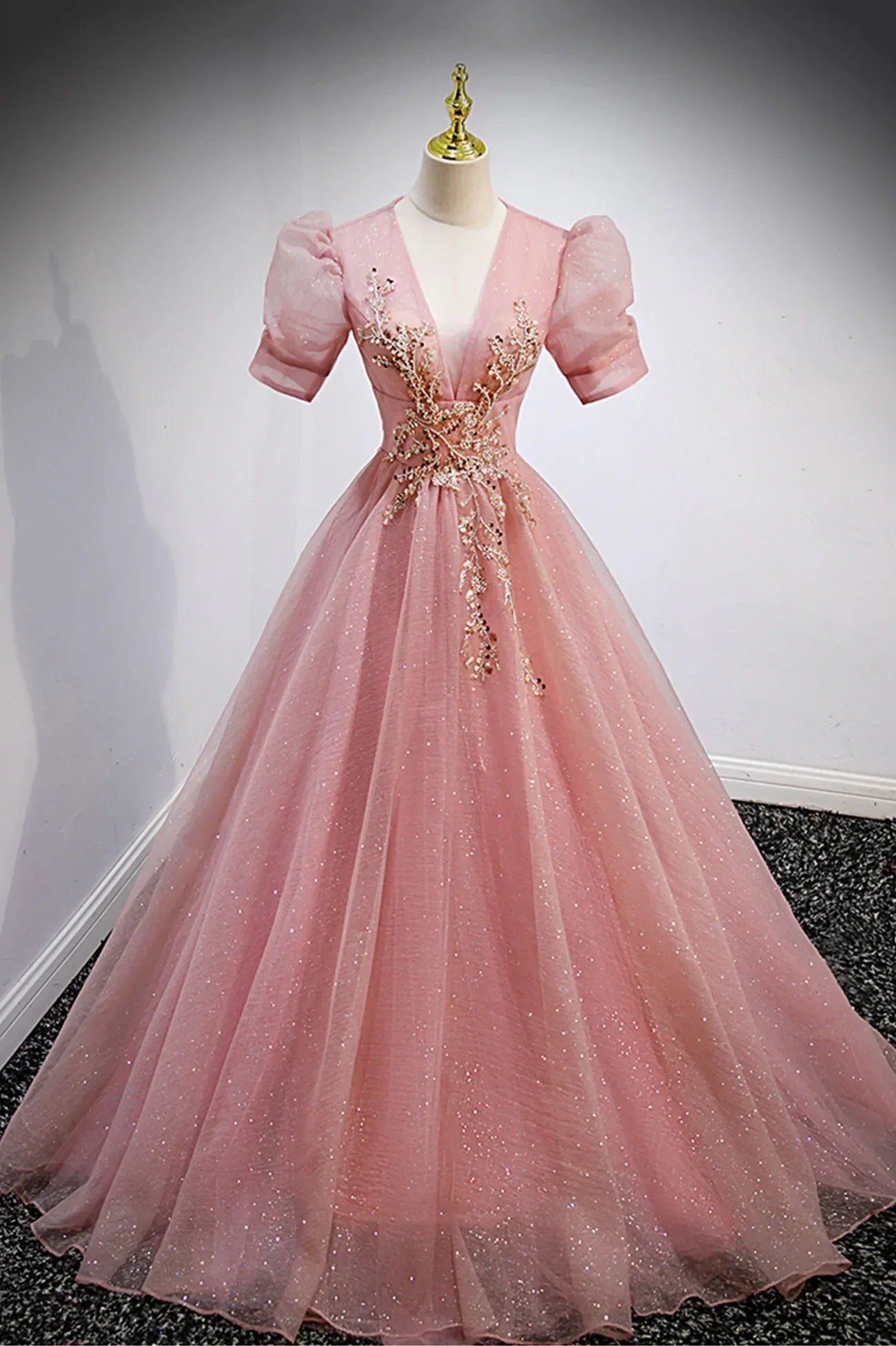 Vestidos longos de baile em tule rosa com decote em V, corte em A, mangas curtas, vestidos de noite Y892