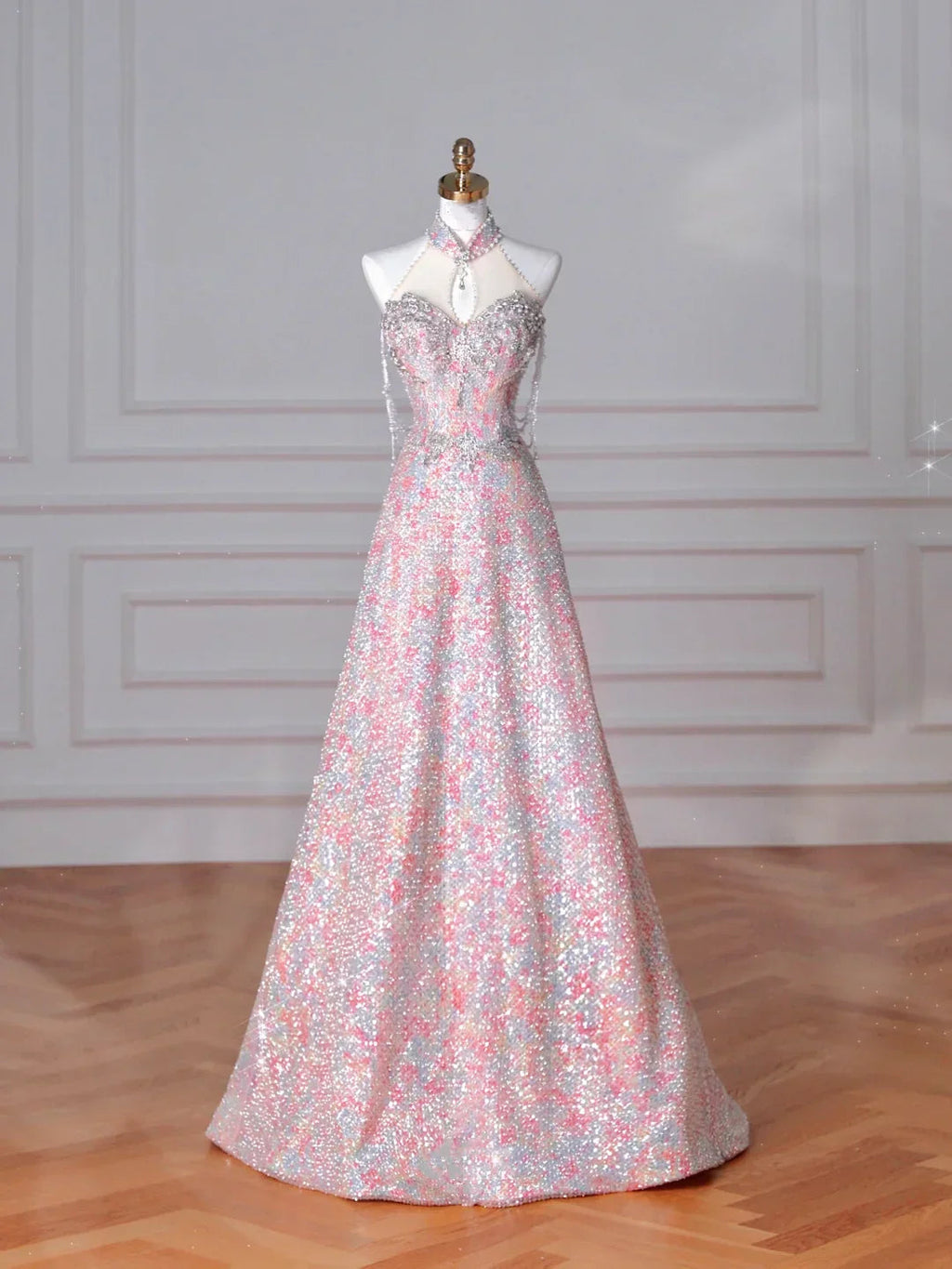 Splendido abito da sera rosa con paillettes e perline a linea ad A Y8637