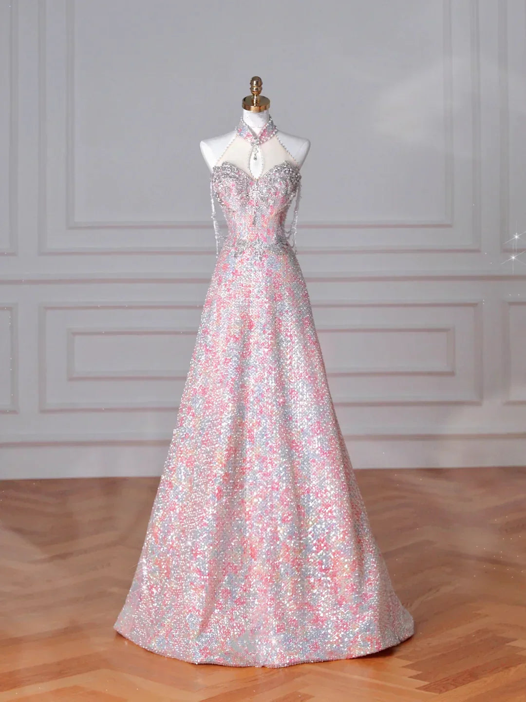 Splendido abito da sera rosa con paillettes e perline a linea ad A Y8637