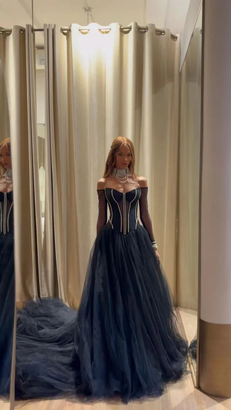 Elegante abito lungo da sera blu navy in tulle con perline, scollo a barca, abito da festa e da ballo Y8380