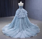 Glänzendes blaues Prinzessinnenkleid mit Herzausschnitt aus Tüll, blaues Ballkleid, blaues Feenkleid Y6472