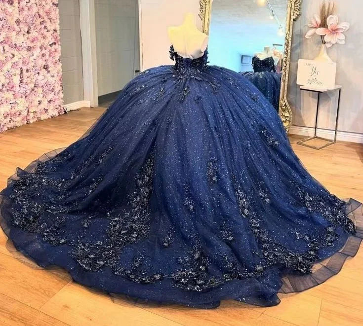 Wunderschönes marineblaues Tüll-Applikations-Abendkleid glänzendes Geburtstagsballkleid Y7837