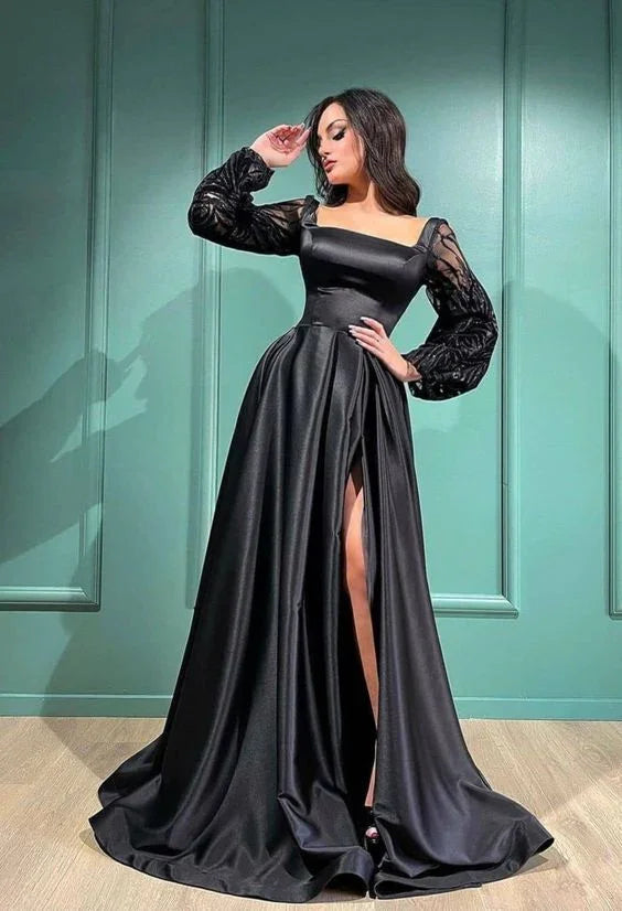 Robe de soirée en satin noire à fente haute, col carré, manches longues bouffantes Y7093