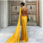 Vestido largo de gala amarillo satinado sin espalda y con hombros descubiertos Vestido de noche Y8466