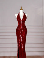 Abito da sera bordeaux con paillettes, scollo a V e allacciatura al collo, schiena scoperta, modello sirena Y8628