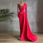Long Red Satin Evening Dresses Sheer Neckline Long Sleeve Beaded African High Slit Women Formal Prom Dress S24678