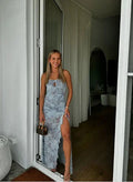 Elegante abito lungo da sera in chiffon con stampa floreale, senza spalline, con spacco, per festa, modello Y8238